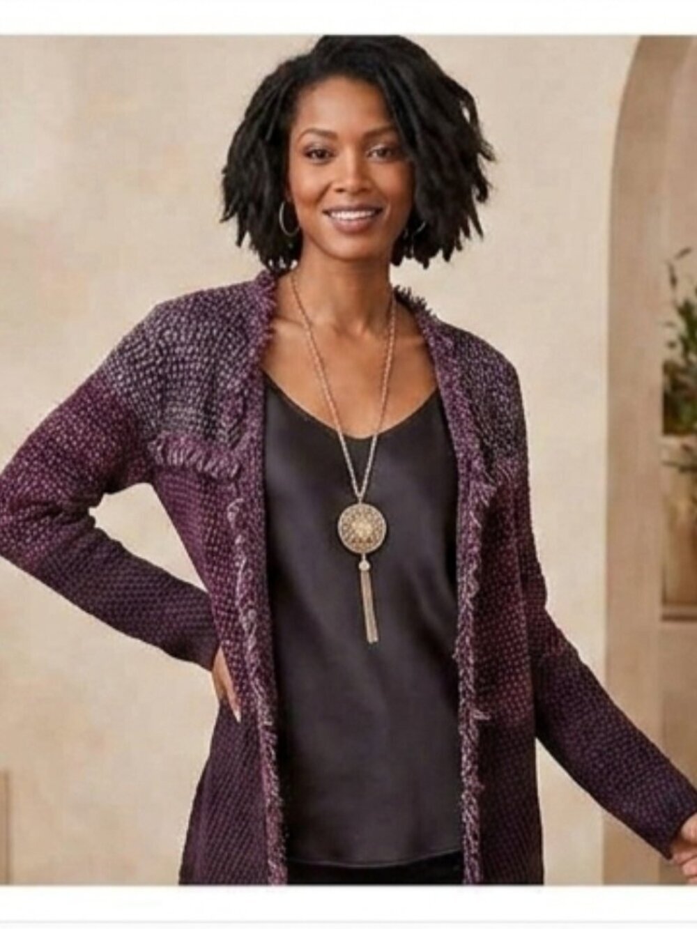 Chico's Women's SZ 3P/XL Purple Textured Tweed Long Sleeve Open Front Jacket